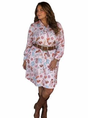 Nylon Apparel Large Pink Western Festival Long Sleeve Shirt Dress